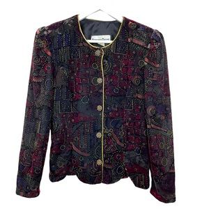 Vintage Another Thyme Womens S Blazer Velvet Like Abstract Decorative Button
